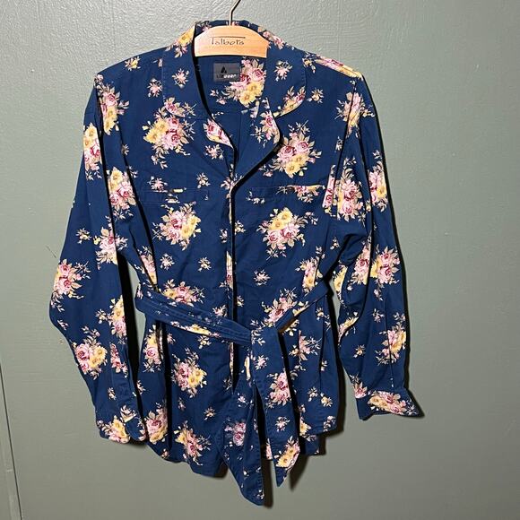 LIZ Wear Navy Blue Floral Blouse with Tie Belt Long Sleeve Top - Picture 3 of 8